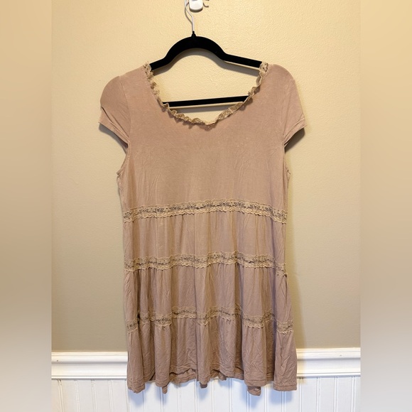 POL Lace Trimmed Taupe Mini Dress/Tunic - Picture 1 of 4